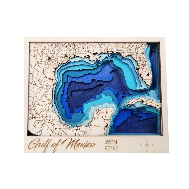 Gulf of Mexico Bathymetric Wood Map, Gulf Coast Layered 3D Nautical Map Depth Chart, Handcrafted Beach House Decor