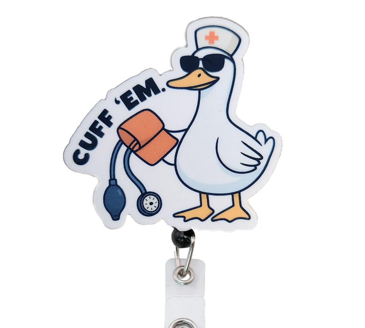 Cuff Em Funny Nurse Duck Badge Reel Topper, Interchangeable Retractable Badge Reel ID Holder for Nurse, Student, RN