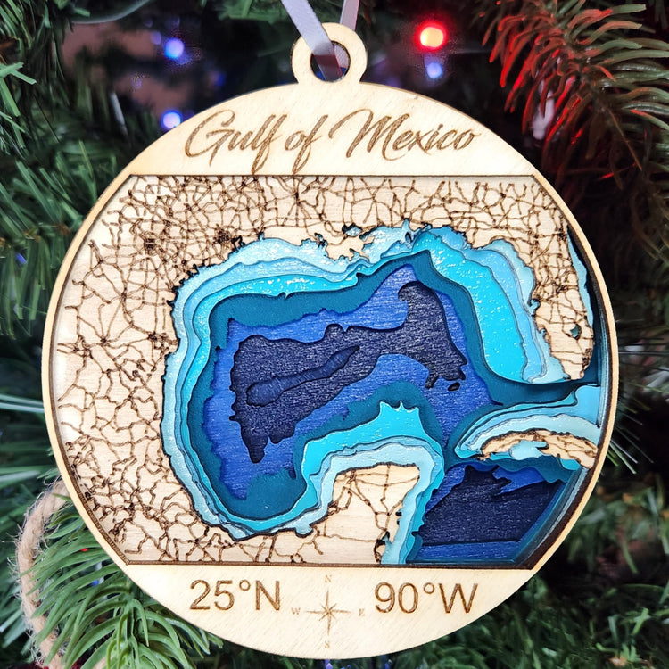 Gulf of Mexico Bathymetric Wood Map Ornament, Gulf Coast Layered 3D Nautical Map Depth Chart Ornament, Handcrafted 3D Ocean Depth Chart, Map Stocking Stuffer, 4 Inches Diameter