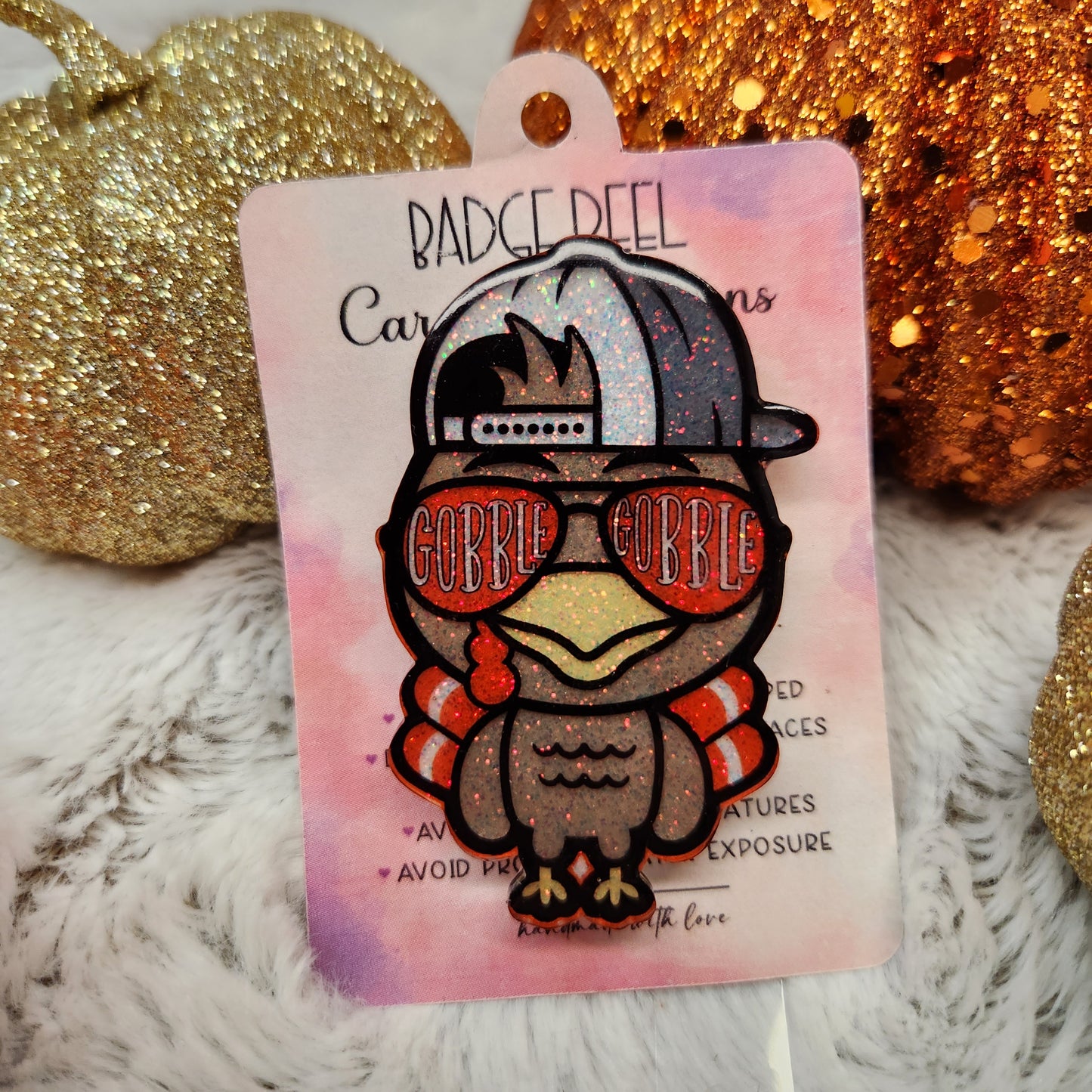 Thanksgiving Turkey Gobble Gobble Boy Badge Reel Topper (Choose From Topper Only, With Alligator Clip, Or With Belt Clip)