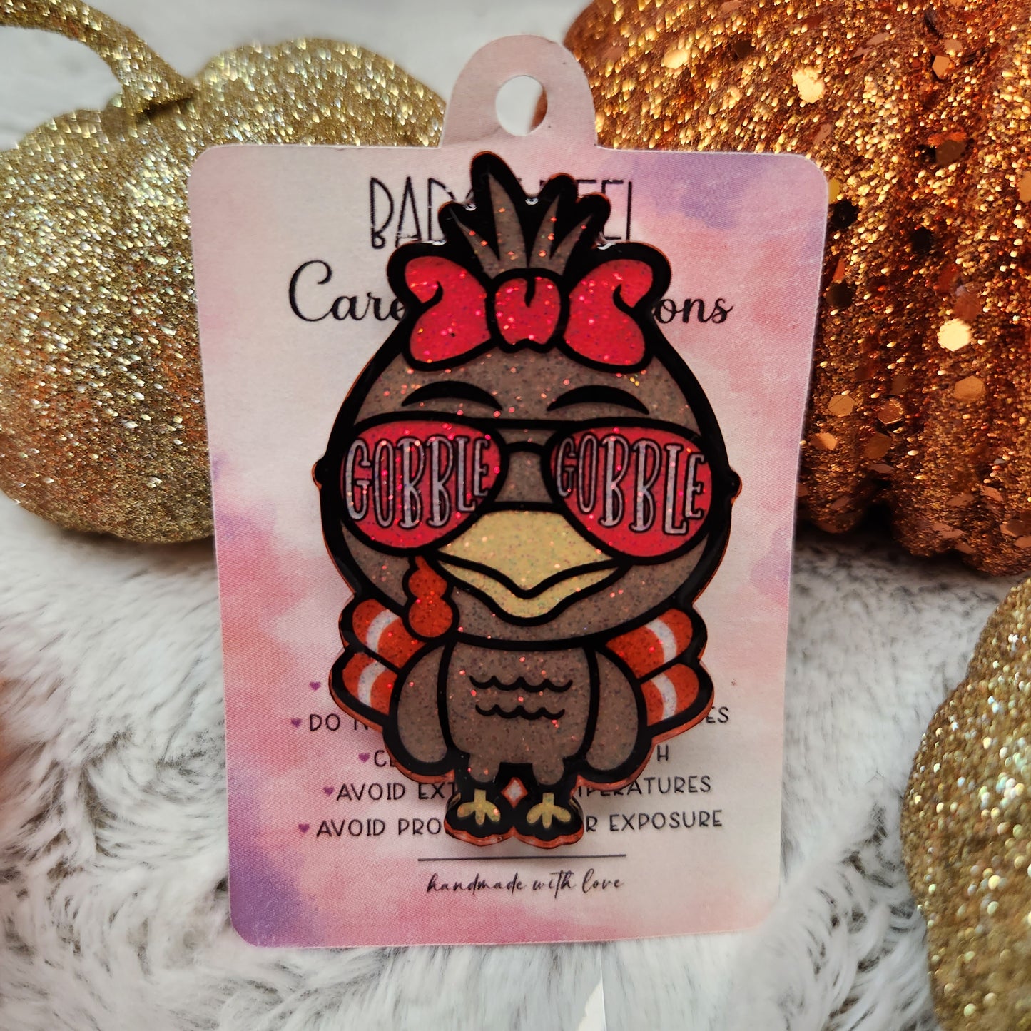 Thanksgiving Turkey Gobble Gobble Girl Badge Reel Topper (Choose From Topper Only, With Alligator Clip, Or With Belt Clip)