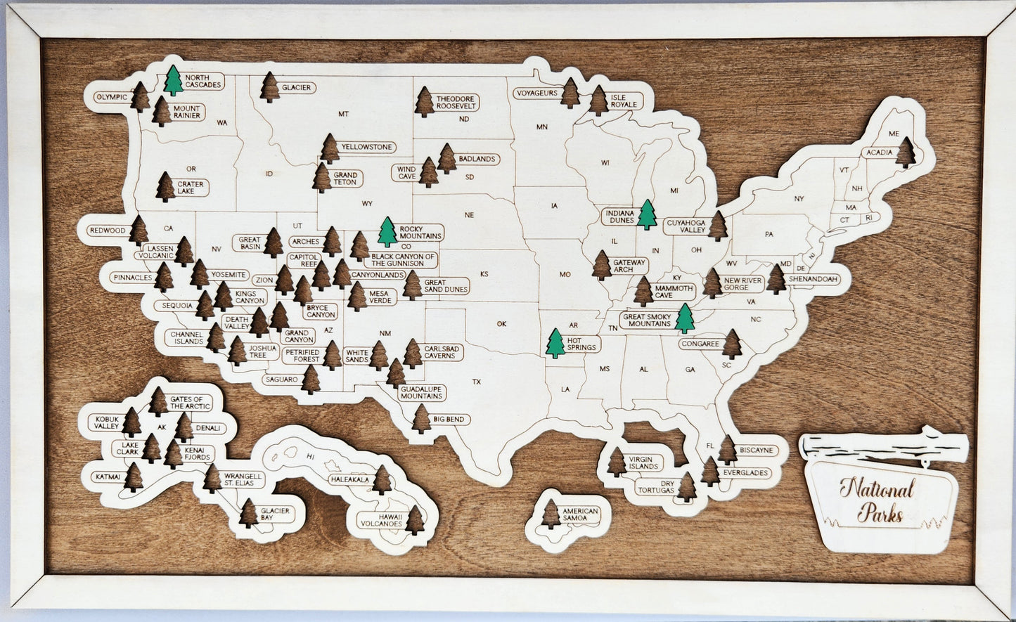 National Parks Map with Wooden Pins 11x19 Travel Map Tracker
