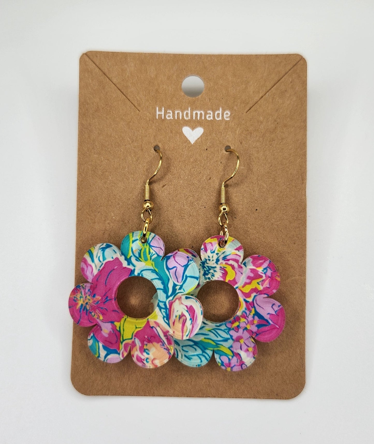 Pink Floral Dangle Earrings, Hypoallergenic Metal Acrylic Trendy Pattern