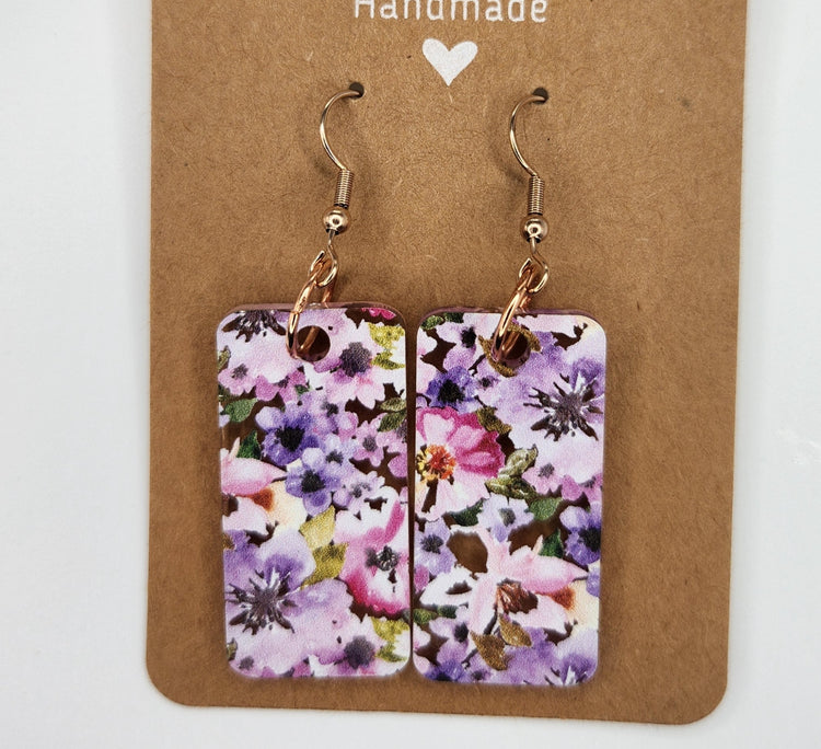 Purple and Pink Floral Dangle Earrings, Hypoallergenic Metal Acrylic Trendy Pattern