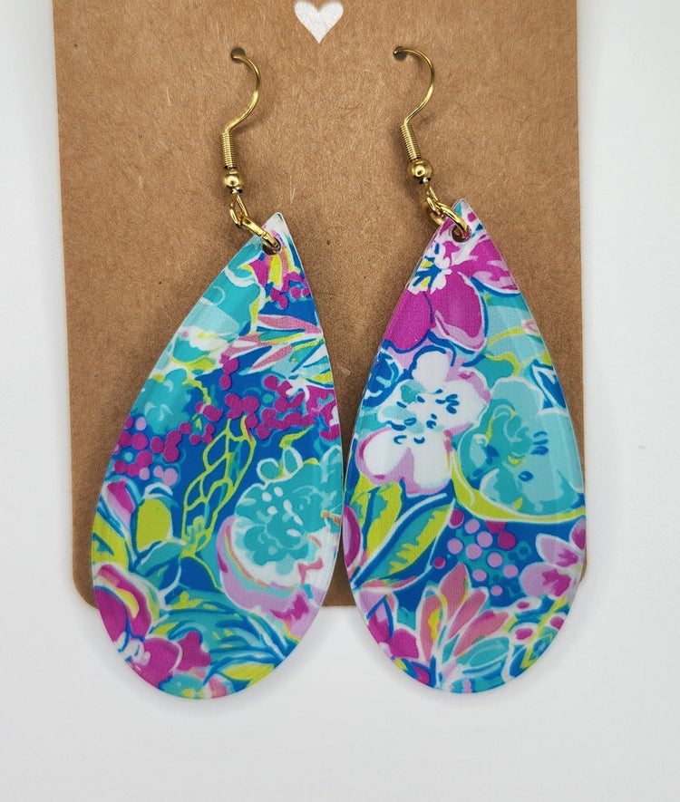 Blue Green Floral Teardrop Dangle Earrings, Hypoallergenic Metal Acrylic Trendy Pattern