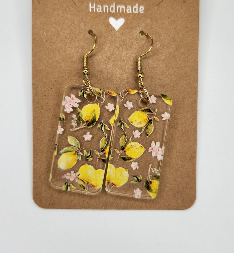 Lemon Dangle Earrings, Hypoallergenic Metal Acrylic Trendy Pattern