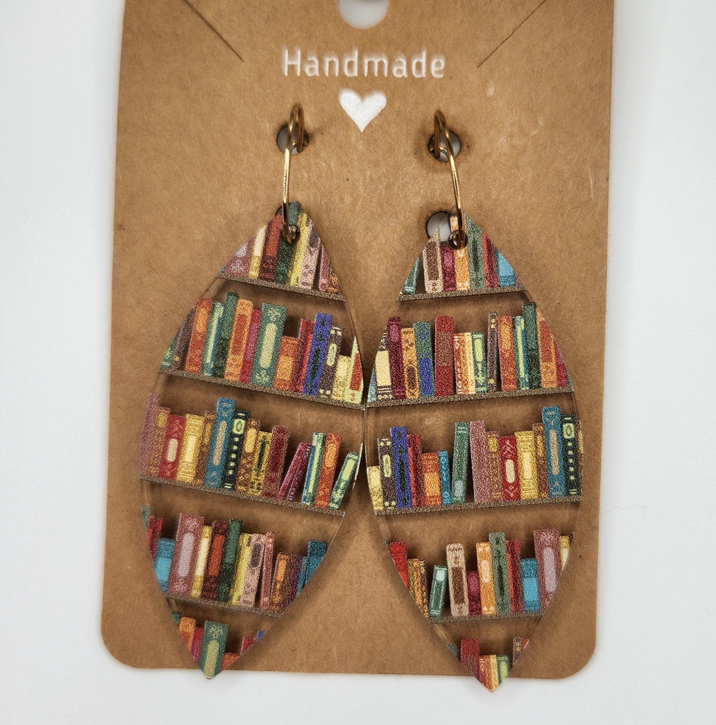 Bookcase Tear Drop Dangle Earrings, Hypoallergenic Metal Acrylic Trendy Pattern