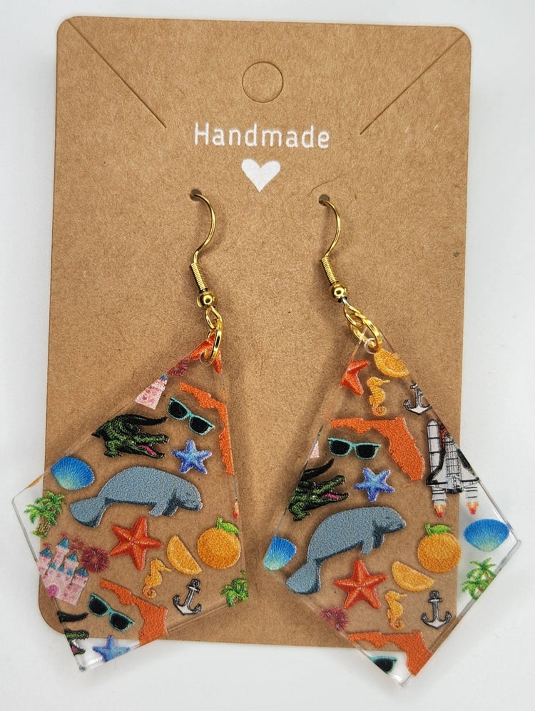 Florida Diamond Shape Dangle Earrings For Women Trendy, Acrylic Handmade Hypoallergenic Ear Rings For Girls Women