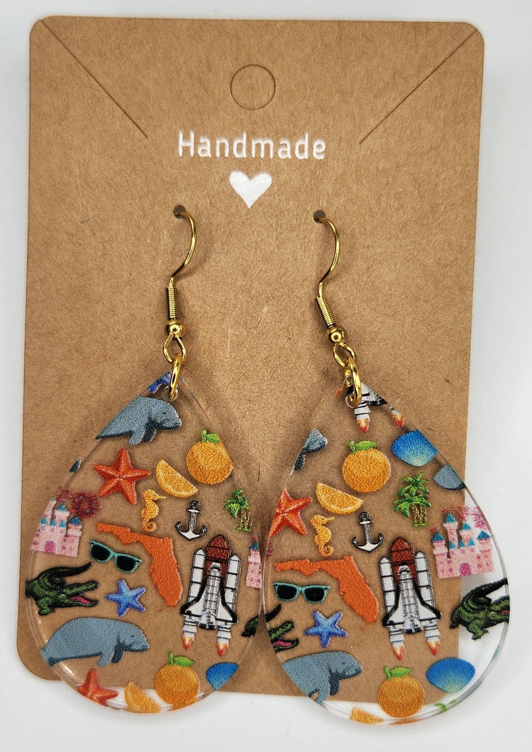Florida Tear Drop Dangle Earrings For Women Trendy, Acrylic Handmade Hypoallergenic Ear Rings For Girls Women