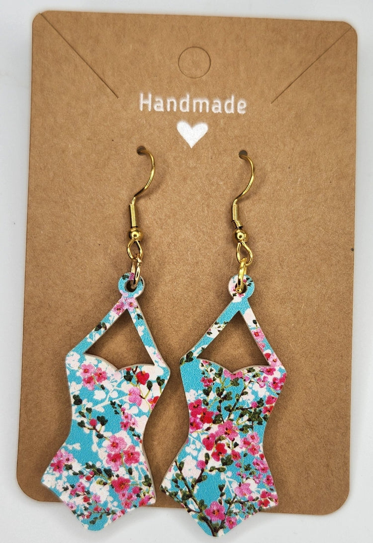 Blue and Pink Floral Swimsuit Dangle Earrings For Women Trendy, Acrylic Handmade Hypoallergenic Ear Rings For Girls Women
