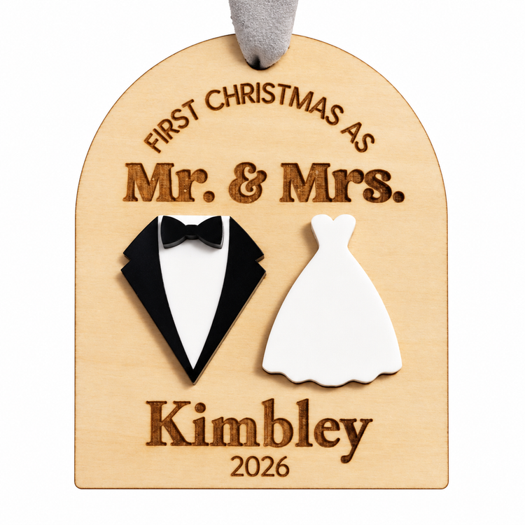 Personalized First Christmas Ornament as Mr. and Mrs., Custom Names and Year Wooden Keepsake, Handmade in Florida (Copy)