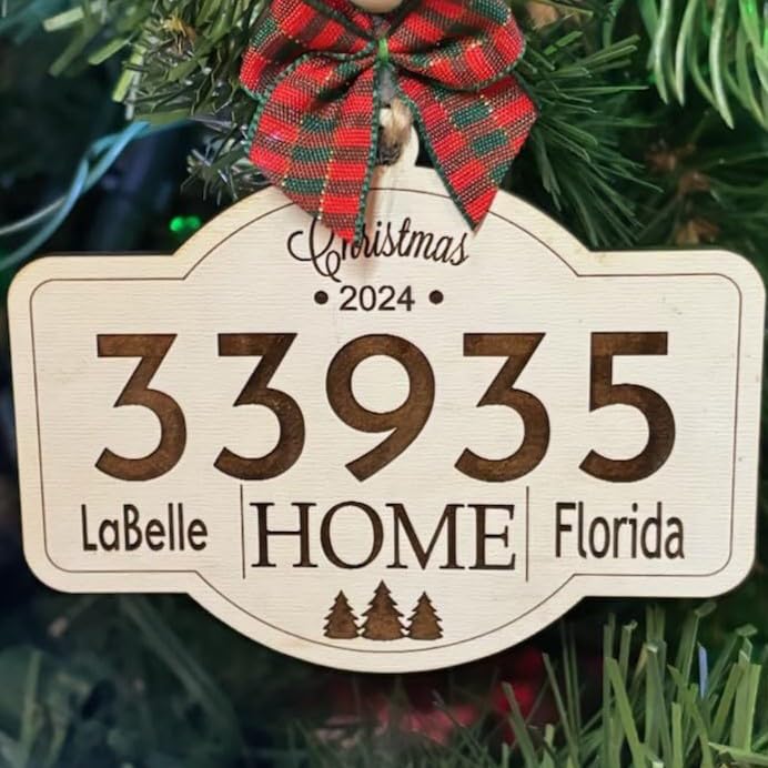 Personalized Home Address Zip Code Ornament, Custom City, State, and Zip Code Engraved Wood Ornament