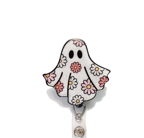 Floral Glittery Ghost Badge Reel, Interchangeable Spooky Badge Reel, Halloween Badge Reel, Cute Fall Retractable Badge Reel