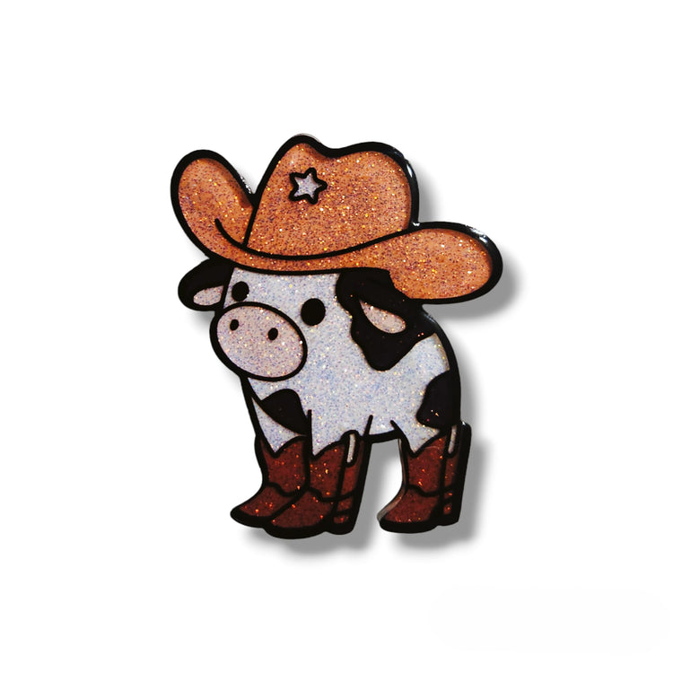 Cowboy Cow Badge Reel, Glittery Interchangeable Badge Reel Topper, Cute Retractable Badge Reel ID Holder for Nurse, Student, RN