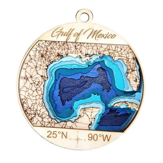 Gulf of Mexico Bathymetric Wood Map Ornament, Gulf Coast Layered 3D Nautical Map Depth Chart Ornament, Handcrafted 3D Ocean Depth Chart, Map Stocking Stuffer, 4 Inches Diameter