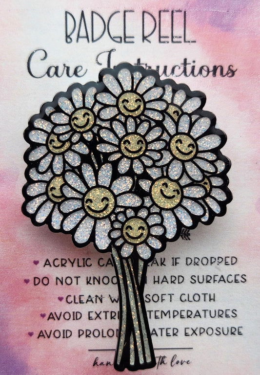 Smiley Floral Tree Badge Reel, Glittery Flower Tree Badge Reel, Cute Acrylic Handmade Badge Reel for Nurse, Student, or Teacher. Interchangeable Topper Badge Reel