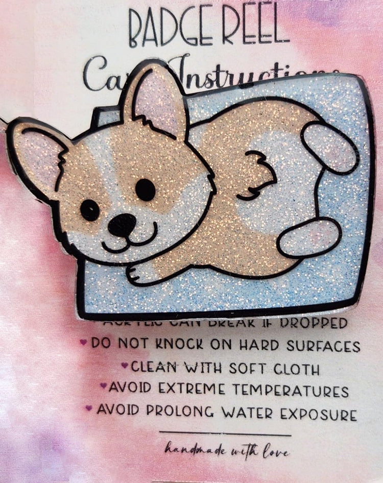 Corgi Badge Reel, Glittery Corgi Puppy Dog Badge Reel, Cute Acrylic Handmade Badge Reel for Nurse, Student, or Teacher. Interchangeable Topper Badge Reel