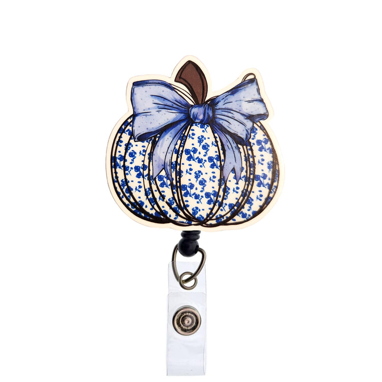 Blue Bow Pumpkin Fall Badge Reel, Interchangeable Badge Reel Topper, Cute Retractable Badge Reel ID Holder for Nurse, Student, RN