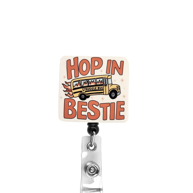 Hop in Bestie Struggle Bus Badge Reel, Interchangeable Badge Reel Topper, Cute Retractable Badge Reel ID Holder for Nurse, Student, RN