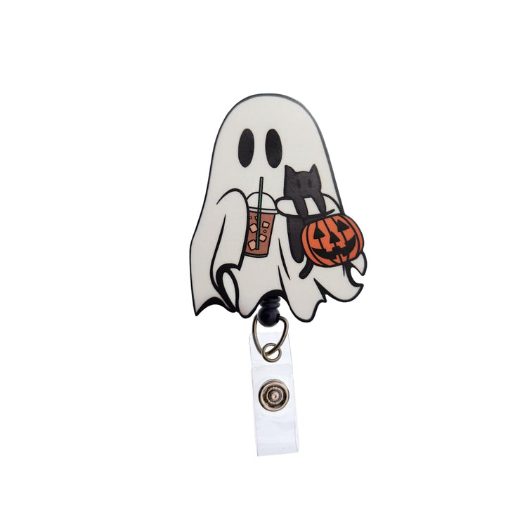Ghost with Cat Drinking Coffee Halloween Badge Reel, Interchangeable Badge Reel Topper, Cute Retractable Badge Reel ID Holder for Nurse, Student, RN