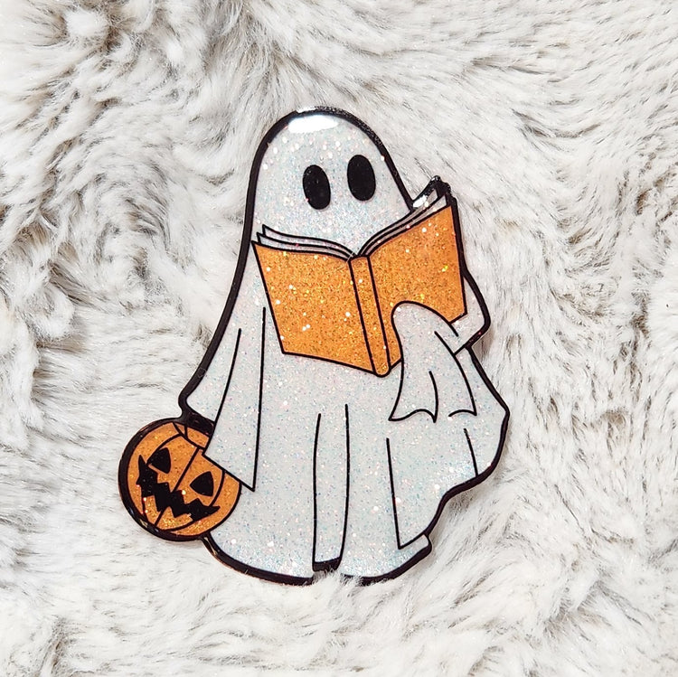 Halloween Ghost Reading Book Badge Reel Topper (Choose From Topper Only, With Alligator Clip, Or With Belt Clip)
