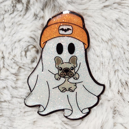 Halloween Ghost with French Bulldog Badge Reel Topper (Choose From Topper Only, With Alligator Clip, Or With Belt Clip)