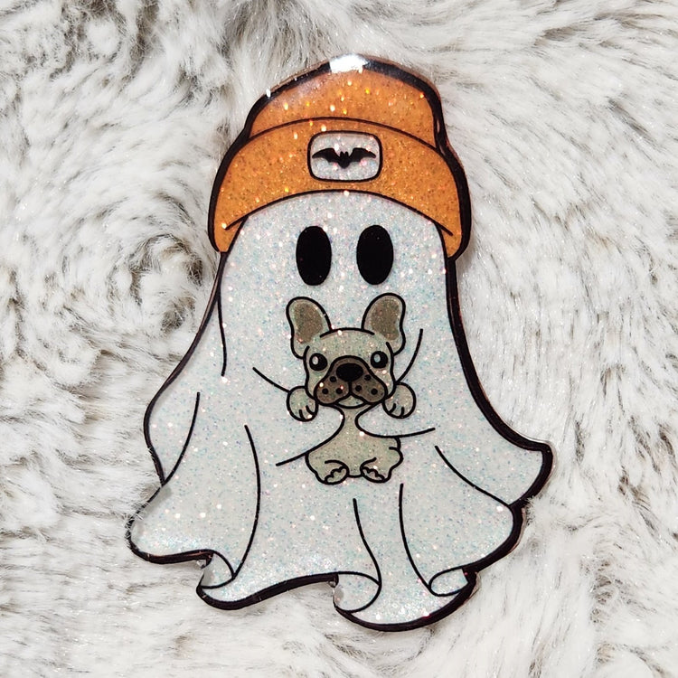 Halloween Ghost with French Bulldog Badge Reel Topper (Choose From Topper Only, With Alligator Clip, Or With Belt Clip)