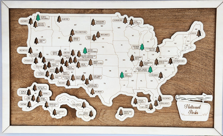 National Parks Map with Wooden Pins 11x19 Travel Map Tracker