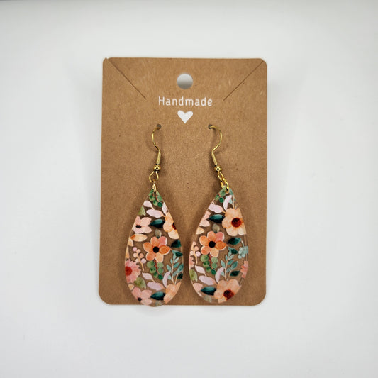 Pink Flowers Tear Drop Dangle Earrings, Hypoallergenic Metal Acrylic Trendy Pattern