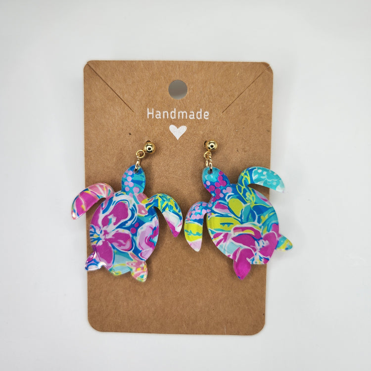 Floral Sea Turtle Dangle Earrings, Hypoallergenic Metal Acrylic Trendy Pattern