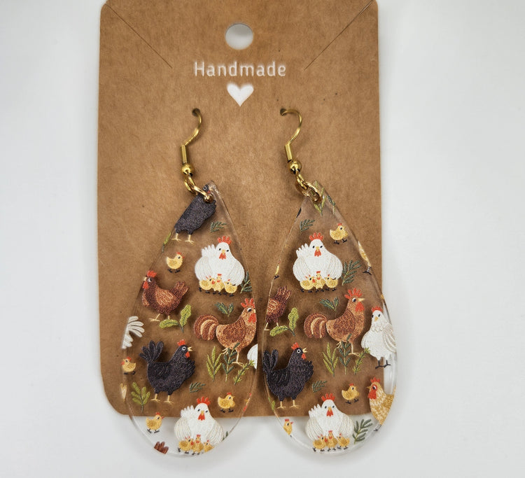 Chicken Teardrop Dangle Earrings, Hypoallergenic Metal Acrylic Trendy Pattern