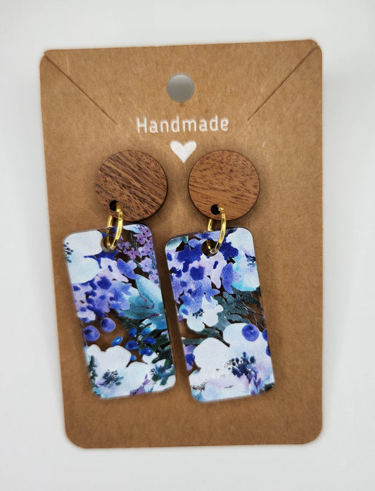 Blue White Floral Dangle Earrings, Hypoallergenic Metal Acrylic Trendy Pattern