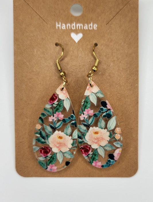 Green Floral Dangle Earrings, Hypoallergenic Metal Acrylic Trendy Pattern