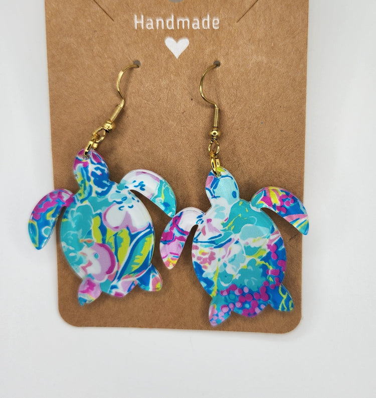 Blue Green Sea Turtle Dangle Earrings, Hypoallergenic Metal Acrylic Trendy Pattern