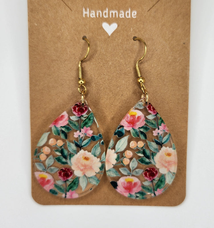 Pink Floral Tear Drop Dangle Earrings, Hypoallergenic Metal Acrylic Trendy Pattern