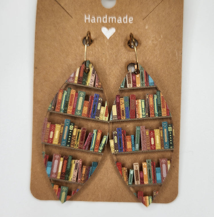 Bookcase Tear Drop Dangle Earrings, Hypoallergenic Metal Acrylic Trendy Pattern