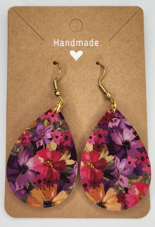 Pink Purple Floral Tear Drop Dangle Earrings For Women Trendy, Acrylic Handmade Hypoallergenic Ear Rings For Girls Women