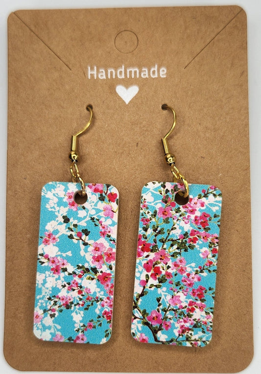 Blue and Pink Floral Rectangle Dangle Earrings For Women Trendy, Acrylic Handmade Hypoallergenic Ear Rings For Girls Women