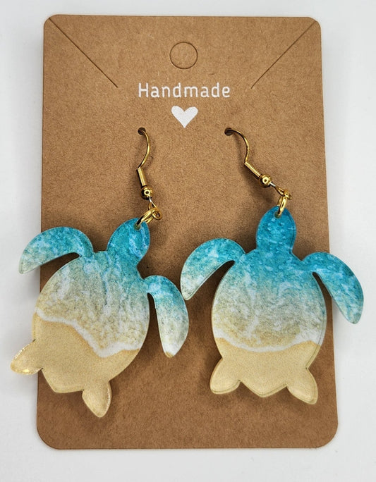 Sea Turtle Beach Dangle Earrings For Women Trendy, Acrylic Handmade Hypoallergenic Ear Rings For Girls Women
