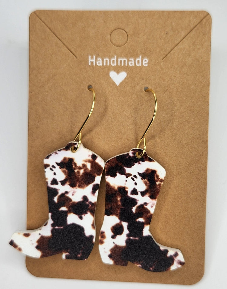 Cowgirl Boots Cow Print Dangle Earrings For Women Trendy, Acrylic Handmade Hypoallergenic Ear Rings For Girls Women