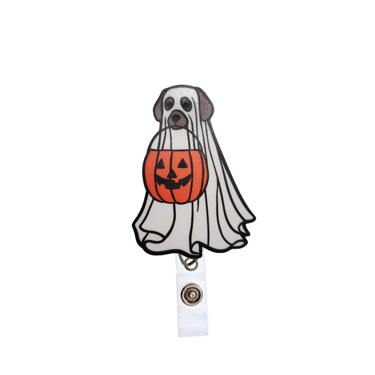 Trick Or Treat Ghost Dog Halloween Badge Reel, Interchangeable Badge Reel Topper, Cute Retractable Badge Reel ID Holder for Nurse, Student, RN