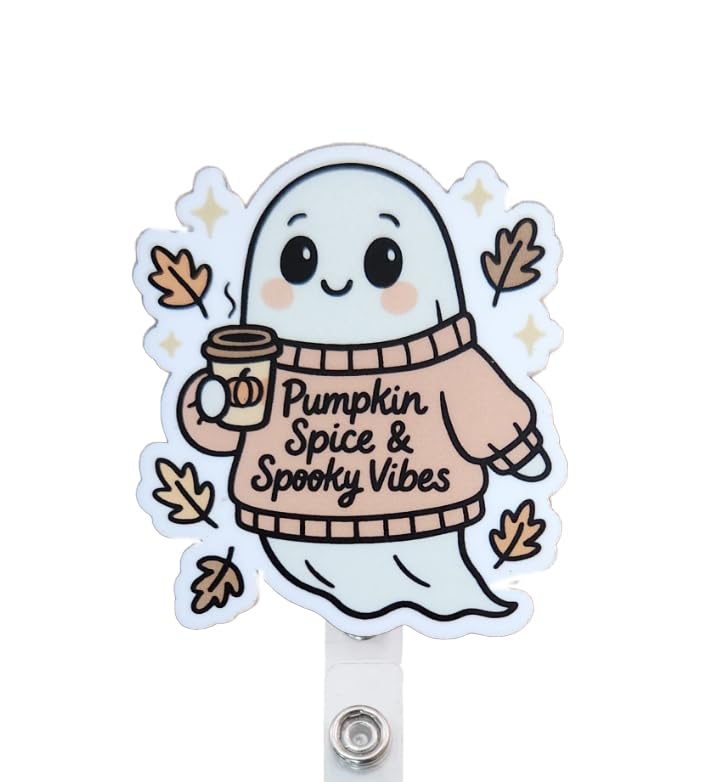 Pumpkin Spice & Spooky Vibes Cute Fall Ghost Badge Reel Topper, Interchangeable Badge Reel Topper, Retractable Badge Reel ID Holder For Nurse, Student, RN