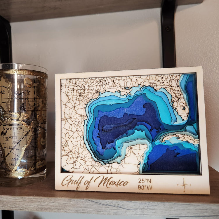 Gulf of Mexico Bathymetric Wood Map, Gulf Coast Layered 3D Nautical Map Depth Chart, Handcrafted Beach House Decor