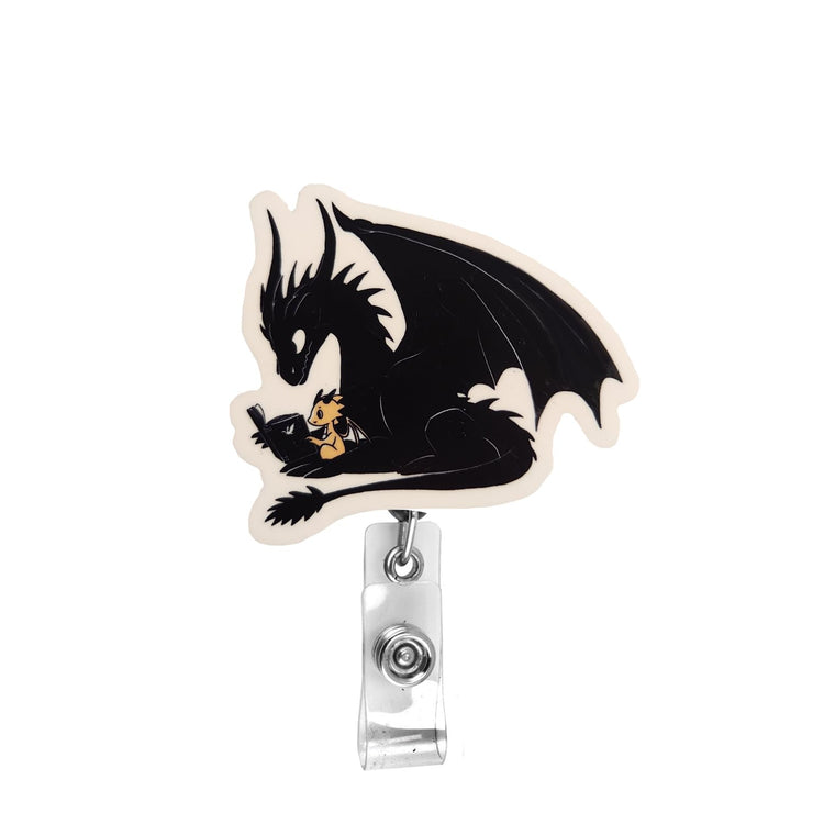 Dragons Reading Book Badge Reel, Interchangeable Badge Reel Topper, Cute Retractable Badge Reel ID Holder for Nurse, Student, RN