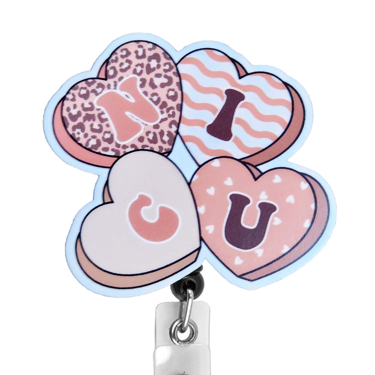 NICU Nurse Hearts Valentine Badge Reel, Interchangeable Badge Reel Topper, Cute Retractable Badge Reel ID Holder for Nurse, Student, RN