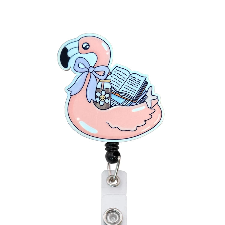 Flamingo Book Summer Badge Reel, Interchangeable Badge Reel Topper, Cute Retractable Badge Reel ID Holder for Nurse, Student, RN