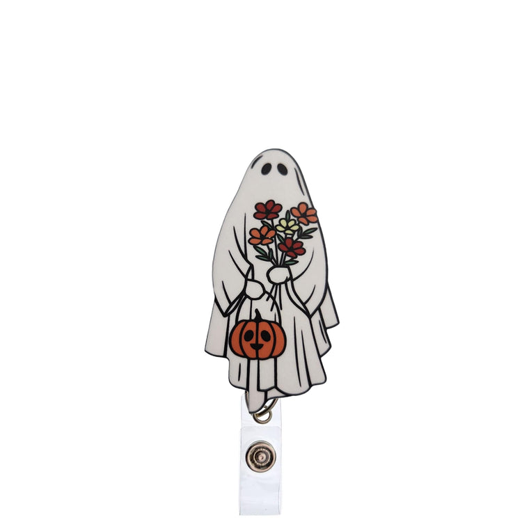 Ghost with Pumpkin and Flowers Halloween Badge Reel, Interchangeable Badge Reel Topper, Cute Retractable Badge Reel ID Holder for Nurse, Student, RN