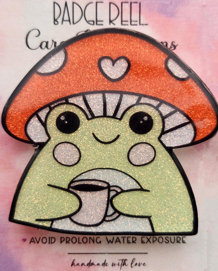 Mushroom Frog Drinking Coffee Badge Reel, Glittery Frog Badge Reel, Cute Acrylic Handmade Badge Reel for Nurse, Student, or Teacher. Interchangeable Topper
