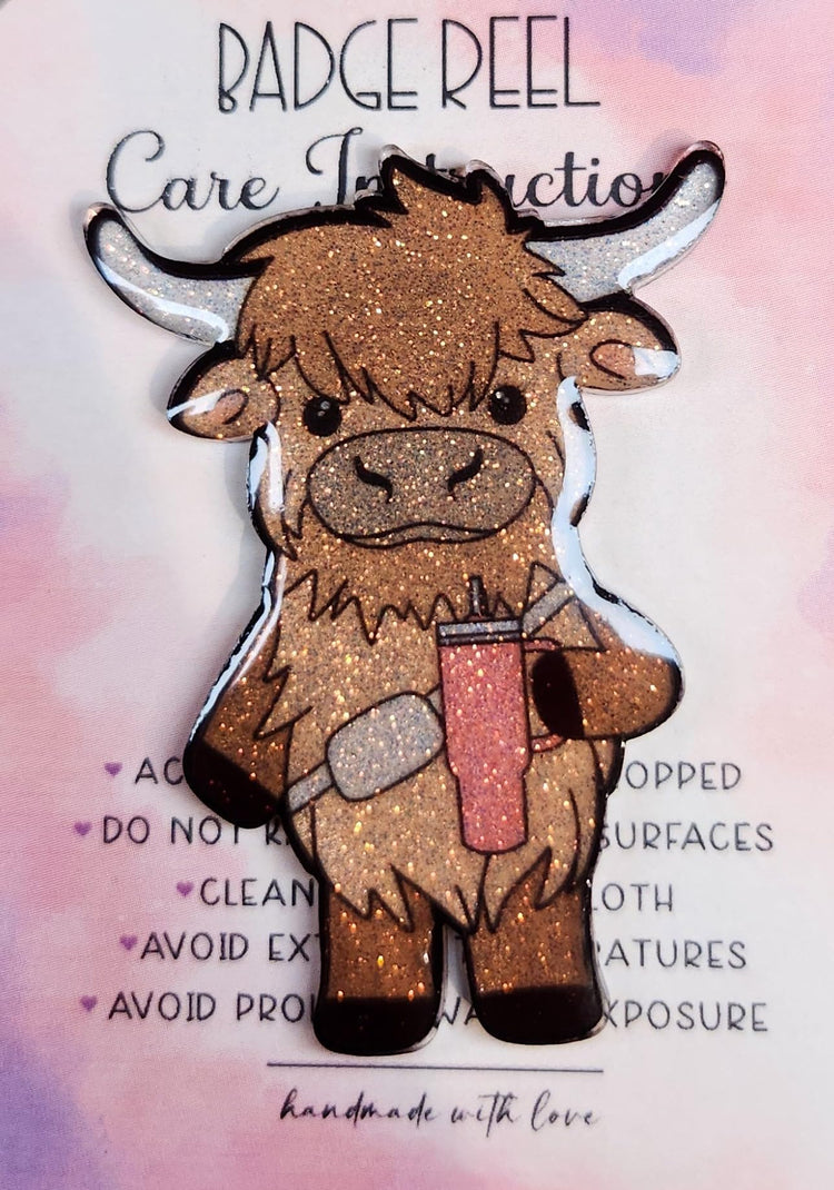 Cute Highland Cow Badge Reel, Glittery Badge Reel, Interchangeable Badge Reel, Cute Retractable Badge Reel