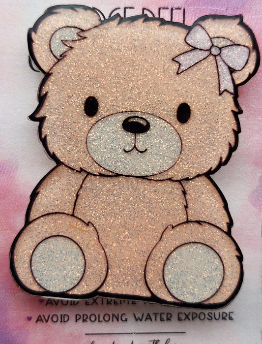 Cute Bear Badge Reel, Glittery Bear with Bow Badge Reel, Cute Acrylic Handmade Badge Reel for Nurse, Student, or Teacher. Interchangeable Topper